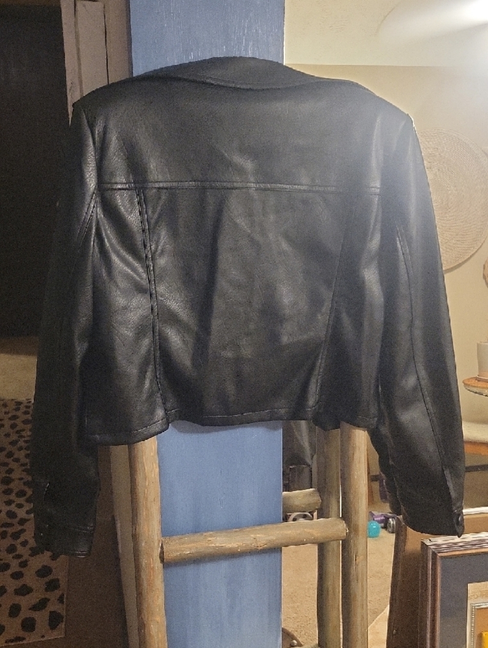 bagatelle Black Leather Cropped Jacket with Gold Accent - Picture 4 of 5